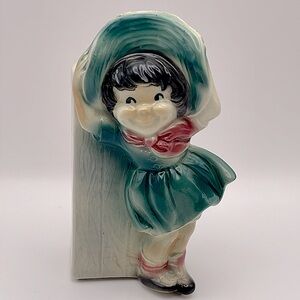 Vintage Royal Copley Planter/Wall Pocket, Girl in the Wind, Teal Green/Red.